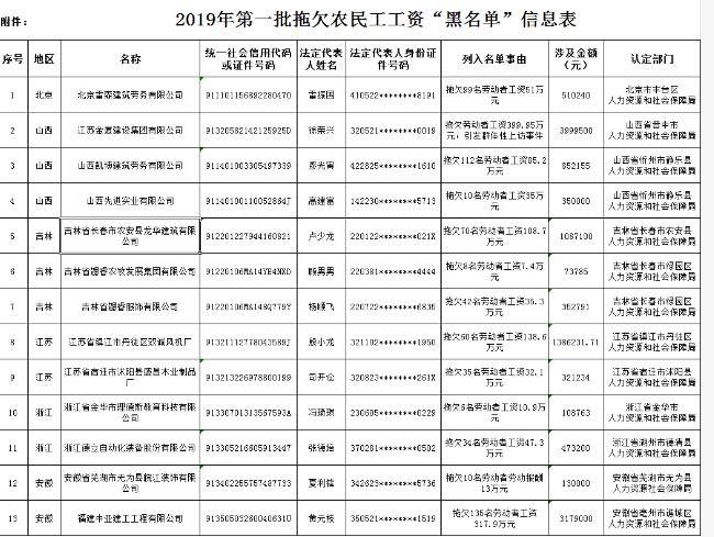 2019年第一批拖欠农民工工资“黑名单”出炉！共涉及30户